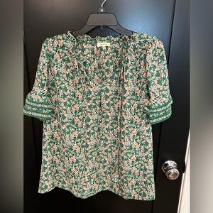 Green Floral Blouse, Short Sleeves